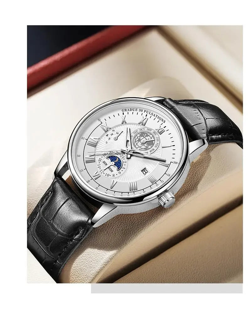 Luminous Multi-Subdial Quartz Dress Watch with Leather Strap, Round Case