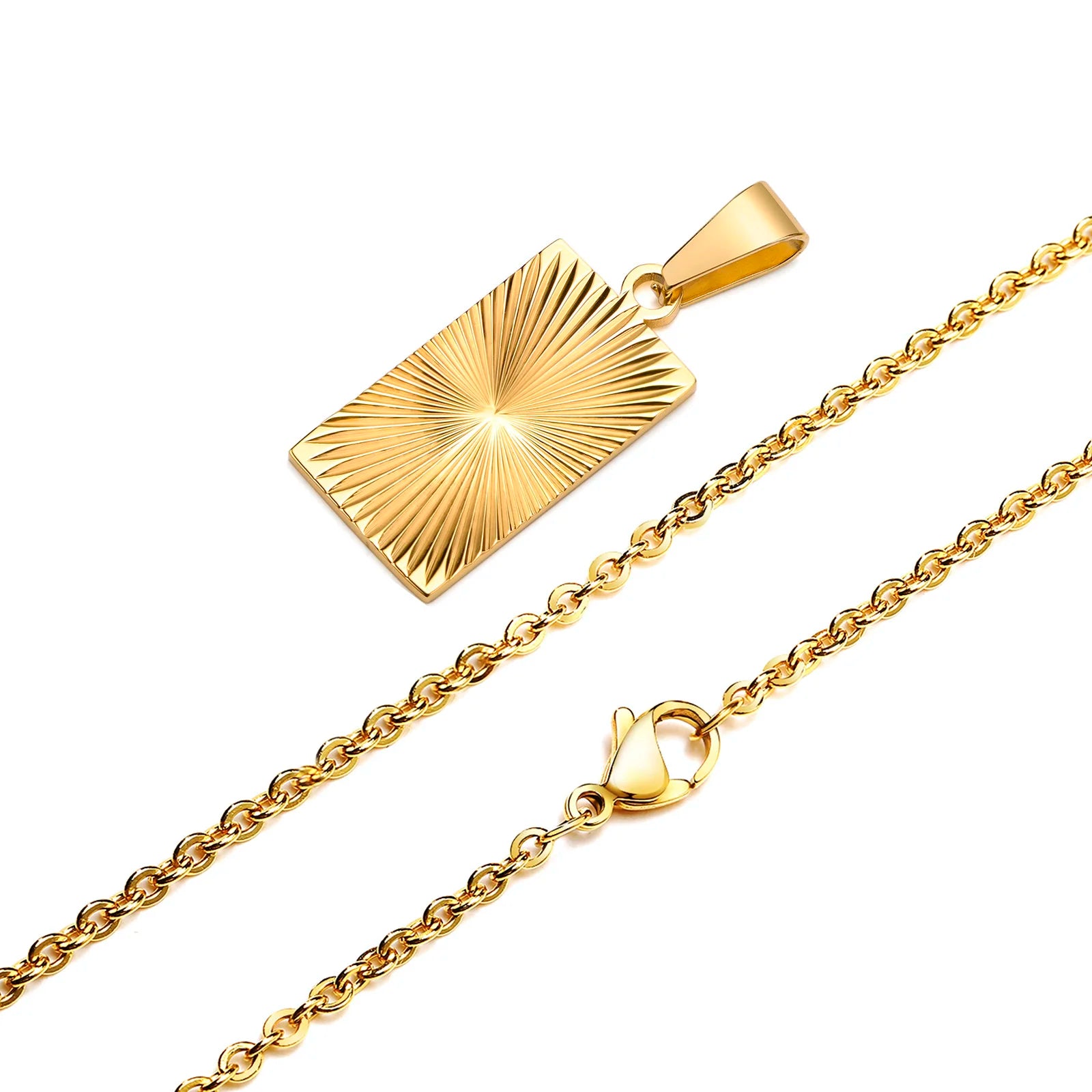 Sunburst Rectangle Pendant Gold-Plated Stainless Steel Necklace