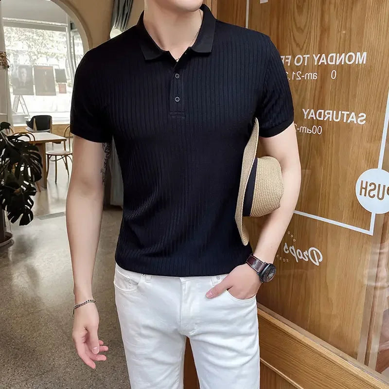Men’s Ice-Silk Half-Sleeve Polo – Ribbed Knit, Smart-Casual Lapel, Lightweight Summer