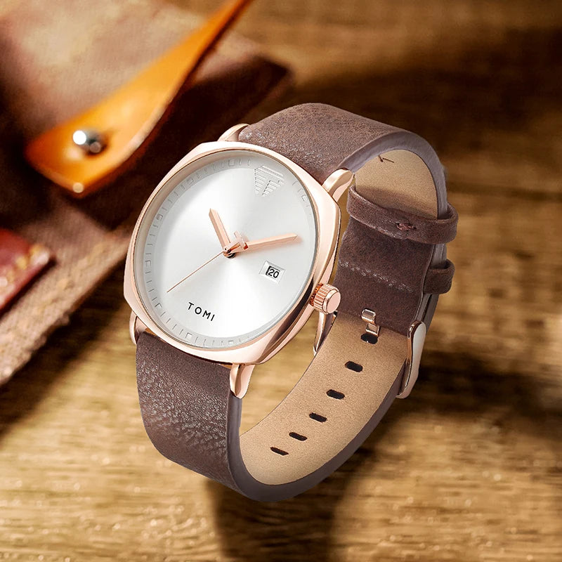 TOMI Minimalist Numberless Quartz Watch with Round Case and Brown PU Strap