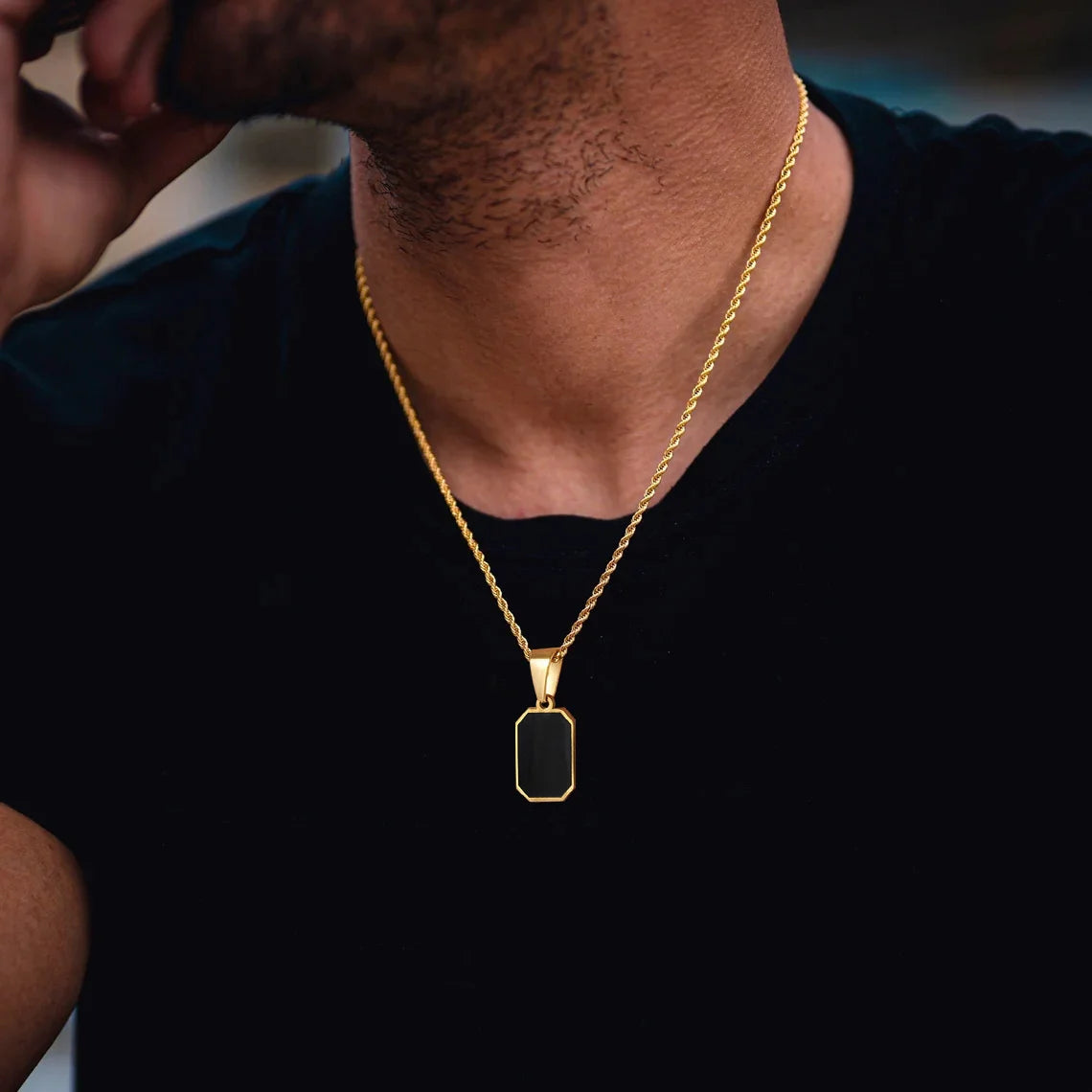 Men’s Geometric Black-Enamel Rectangle Pendant Necklace – Gold-Tone Rope/Box Long Chain