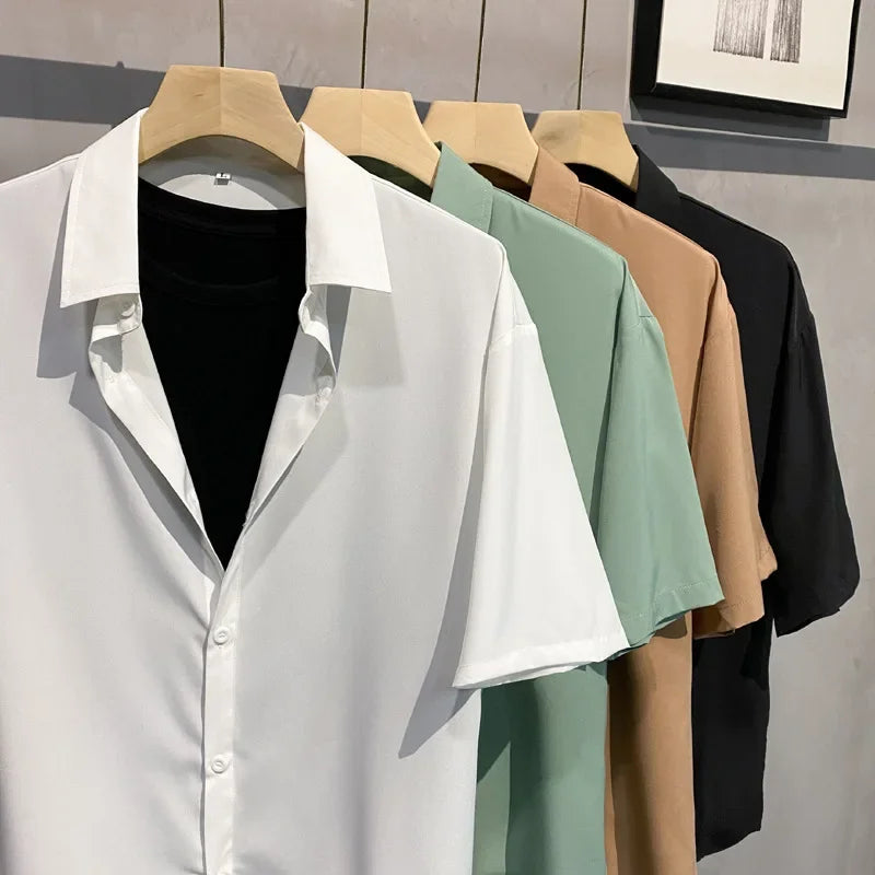 Vintage-Style Draped Short-Sleeve Shirt— Easy-Care Camp Collar, Relaxed Fit, No-Iron Look