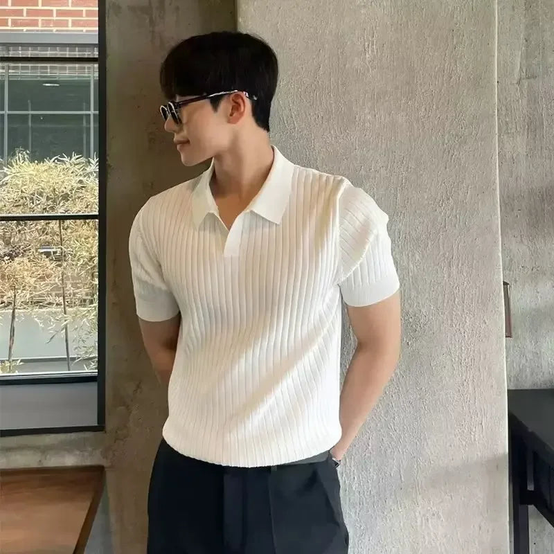 Men’s Ice Silk Ribbed Knit Polo – Short Sleeve V-Neck Half-Zip, Summer Breathable