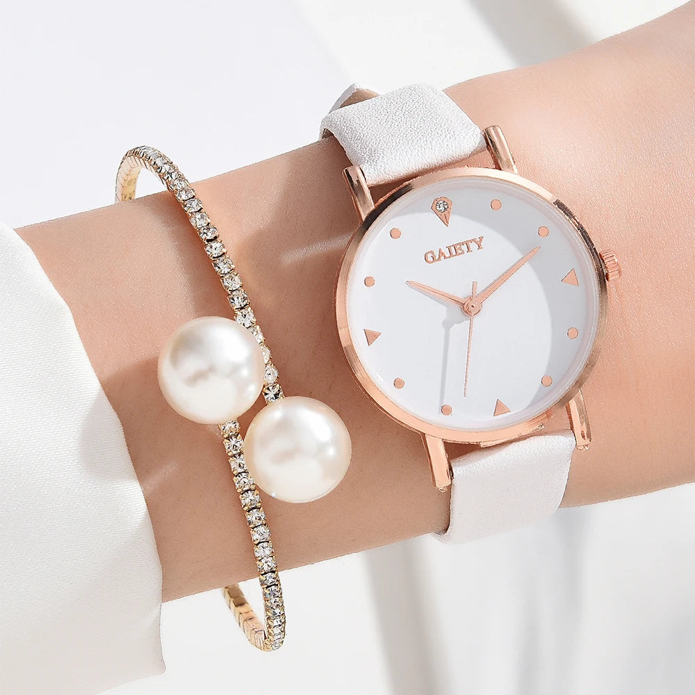 Women's Luxury Quartz Watch Set – PU Leather Strap with Bracelet, Elegant and Fashionable