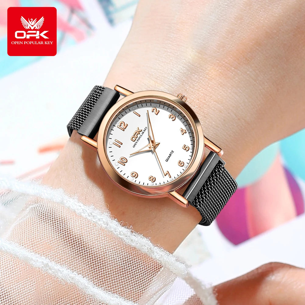 Women's Fashion Quartz Watch – Rose Gold Stainless Steel Mesh, Waterproof, Luminous Dial