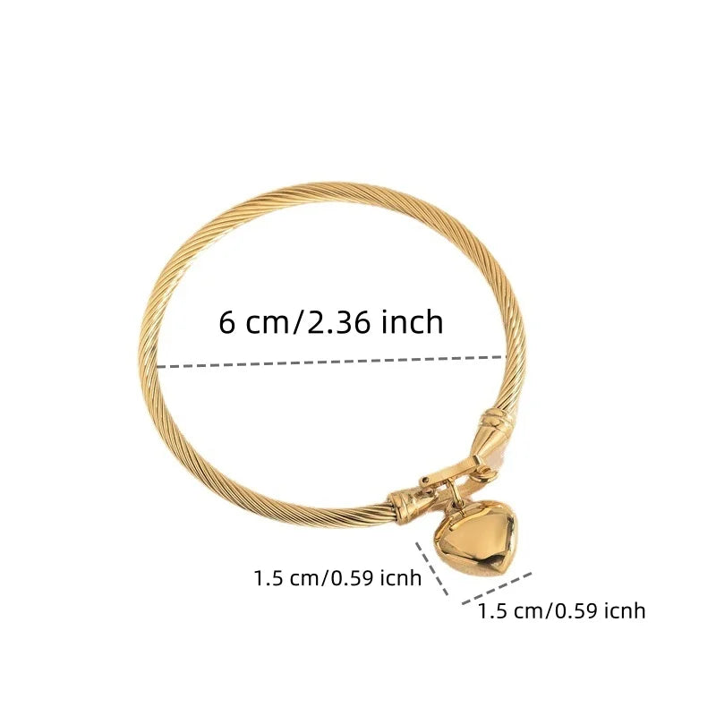Gold Stainless Steel Bangle Bracelet – Heart Pendant, Luxury Unisex Jewelry