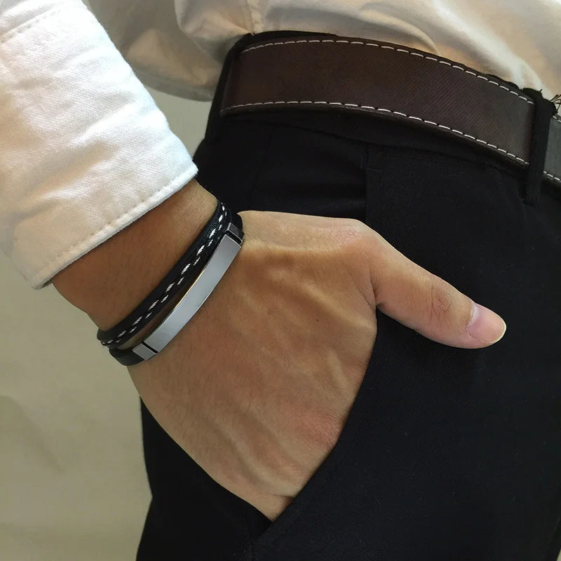 VNOX Genuine Leather Bracelet with Stainless Steel Bar, Layered Design