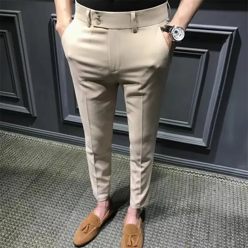 Men’s Slim-Fit 9/10 Cropped Trousers – Korean-Style Casual Summer Pants (White)