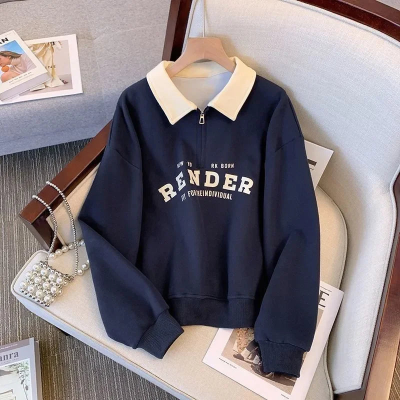 Women’s Polo-Collar Color-Block Zip Sweatshirt – Lightweight, Spring/Autumn