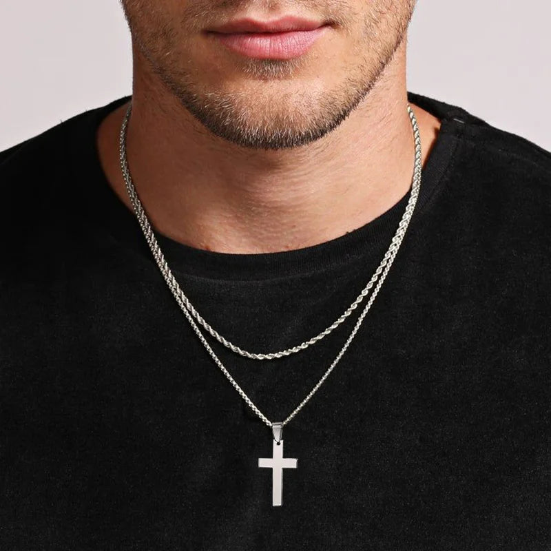 Water-Resistant Stainless Steel Cross Pendant Necklace with Rope or Box Chain