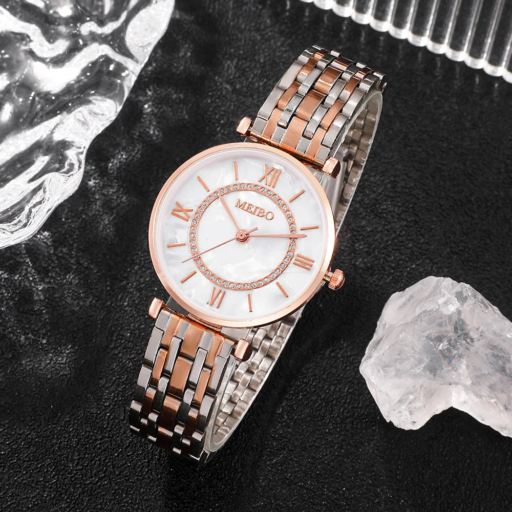 Women's Luxury Quartz Watch – Crystal Accents, Roman Numerals, Steel Bracelet