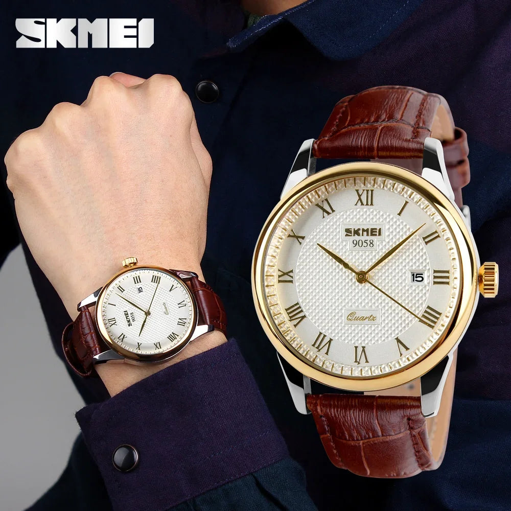 Classic Gold-Tone Leather Strap Quartz Dress Watch by SKMEI 9058