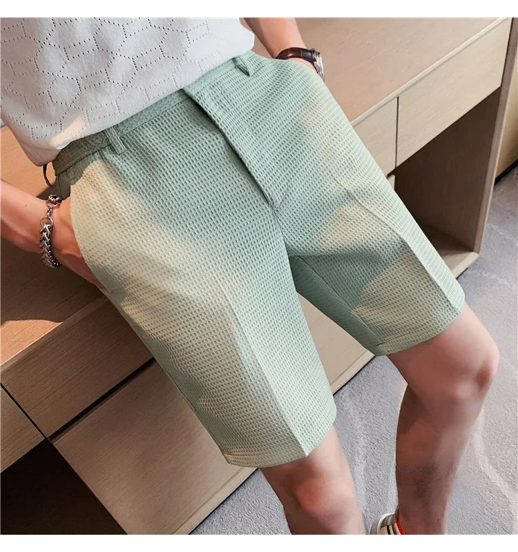 Men’s Solid Waffle-Check Casual Shorts – Lightweight 5-Point Knee Length, Smart-Casual