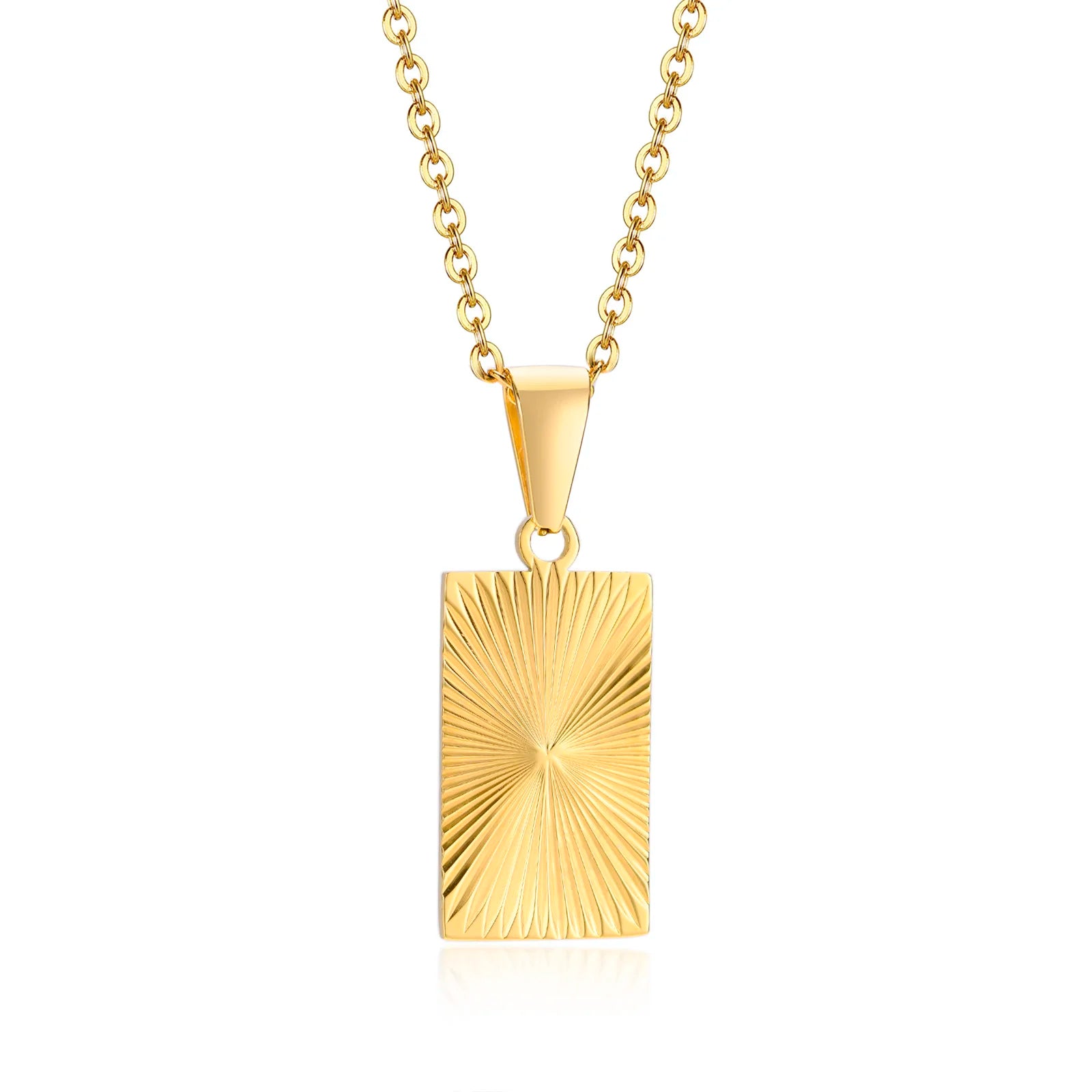 Sunburst Rectangle Pendant Gold-Plated Stainless Steel Necklace