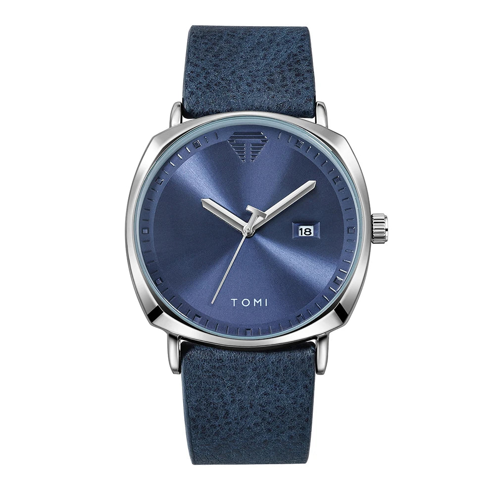 TOMI Minimalist Numberless Quartz Watch with Round Case and Brown PU Strap