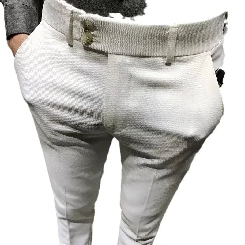 Men’s Slim-Fit 9/10 Cropped Trousers – Korean-Style Casual Summer Pants (White)