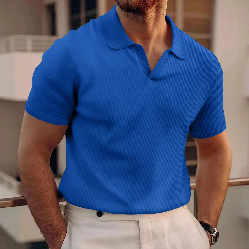 Men’s Short-Sleeve Patchwork Knit Shirt – Turn-Down Collar, Slim Fit, Breathable Business Style