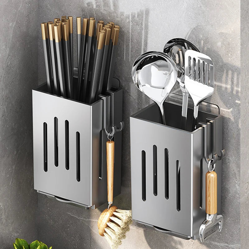 Wall-Mounted Kitchen Utensil Rack with Drain Tray – Multifunctional Cutlery Storage