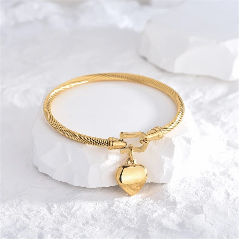 Gold Stainless Steel Bangle Bracelet – Heart Pendant, Luxury Unisex Jewelry