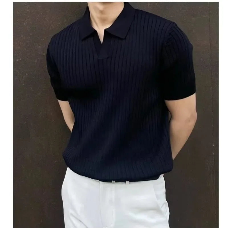 Men’s Ice Silk Ribbed Knit Polo – Short Sleeve V-Neck Half-Zip, Summer Breathable