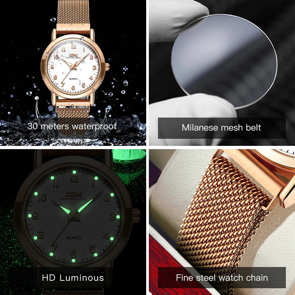 Women's Fashion Quartz Watch – Rose Gold Stainless Steel Mesh, Waterproof, Luminous Dial