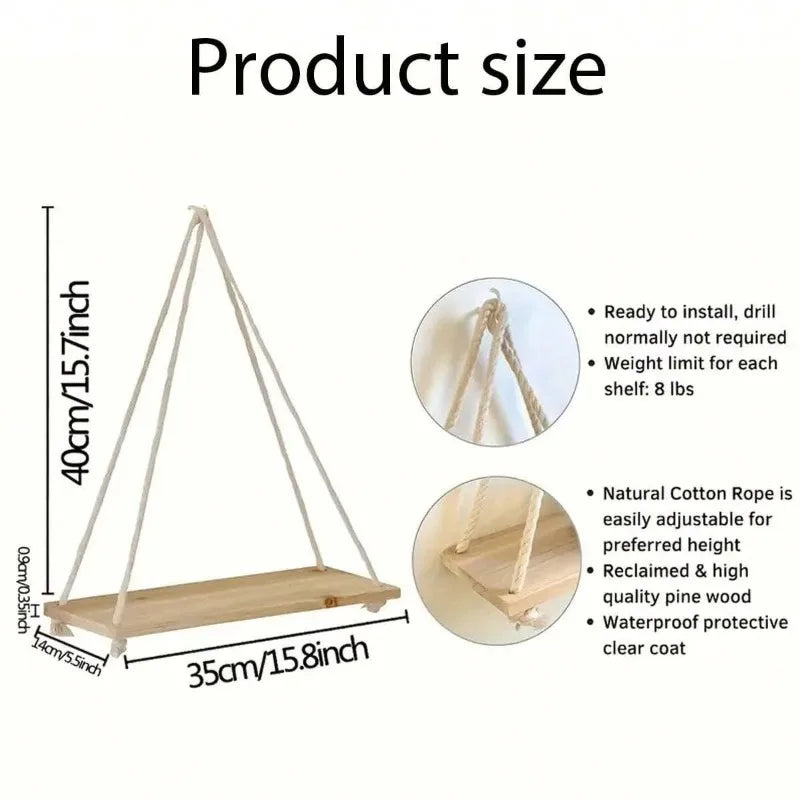 Wooden Swing Rope Wall Shelf – Hanging Floating Storage for Home & Garden