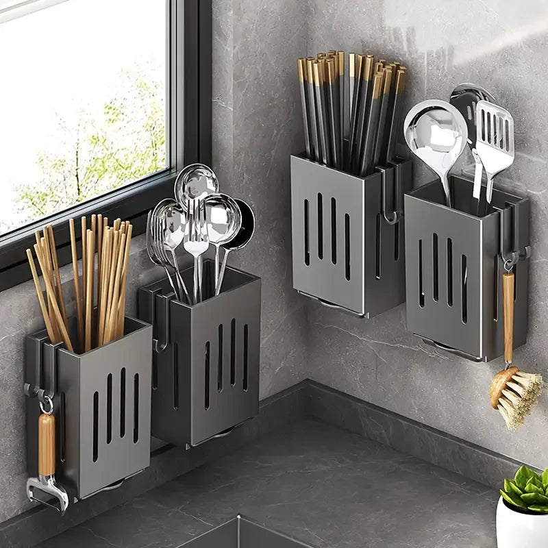 Wall-Mounted Kitchen Utensil Rack with Drain Tray – Multifunctional Cutlery Storage