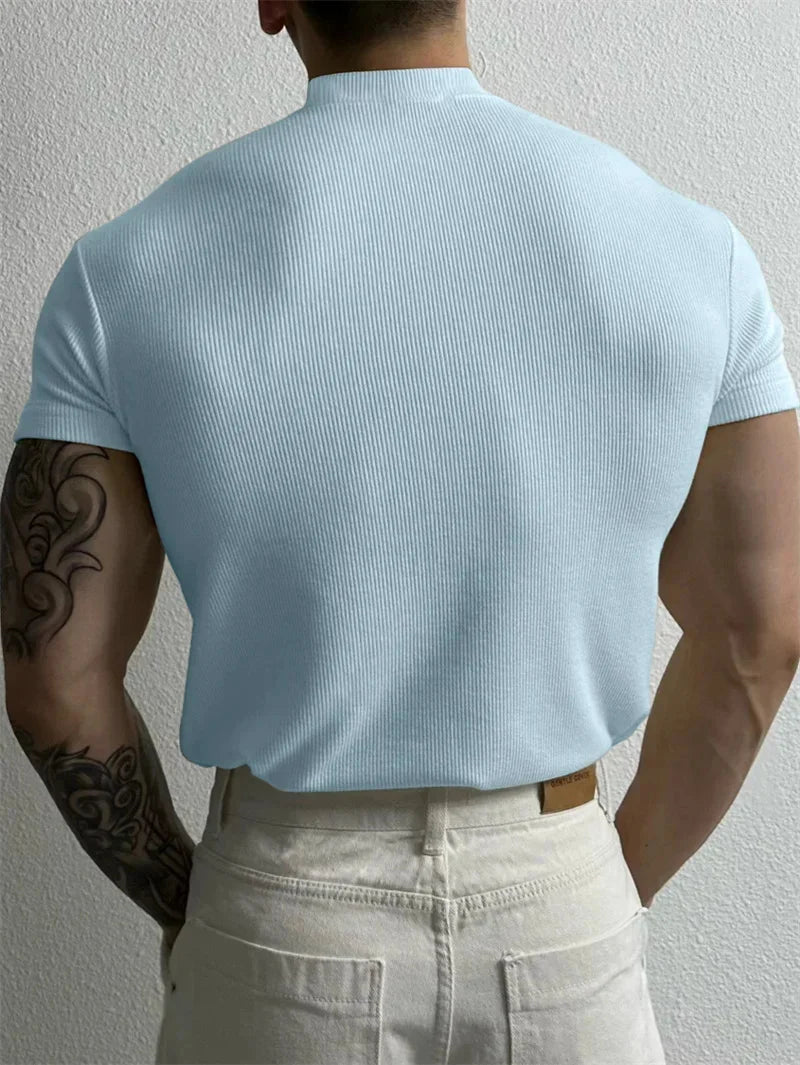 Men’s Quick-Dry Ribbed High-Collar T-Shirt — Breathable Knit, Short Sleeve