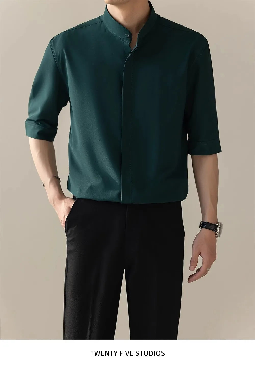 Men’s Slim Ice-Silk Short-Sleeve Shirt — Chinese-Style Stand Collar, Lightweight & Casual
