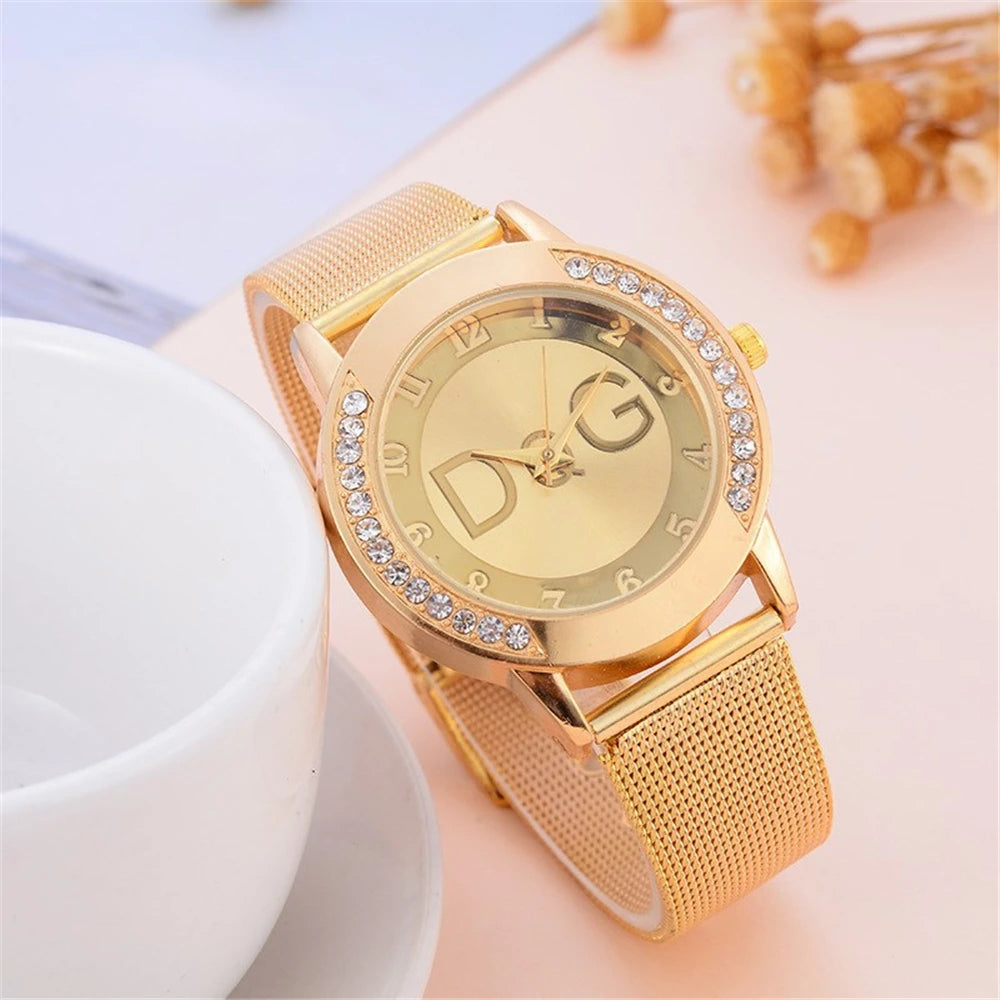 Crystal-Accent Gold Mesh Quartz Watch