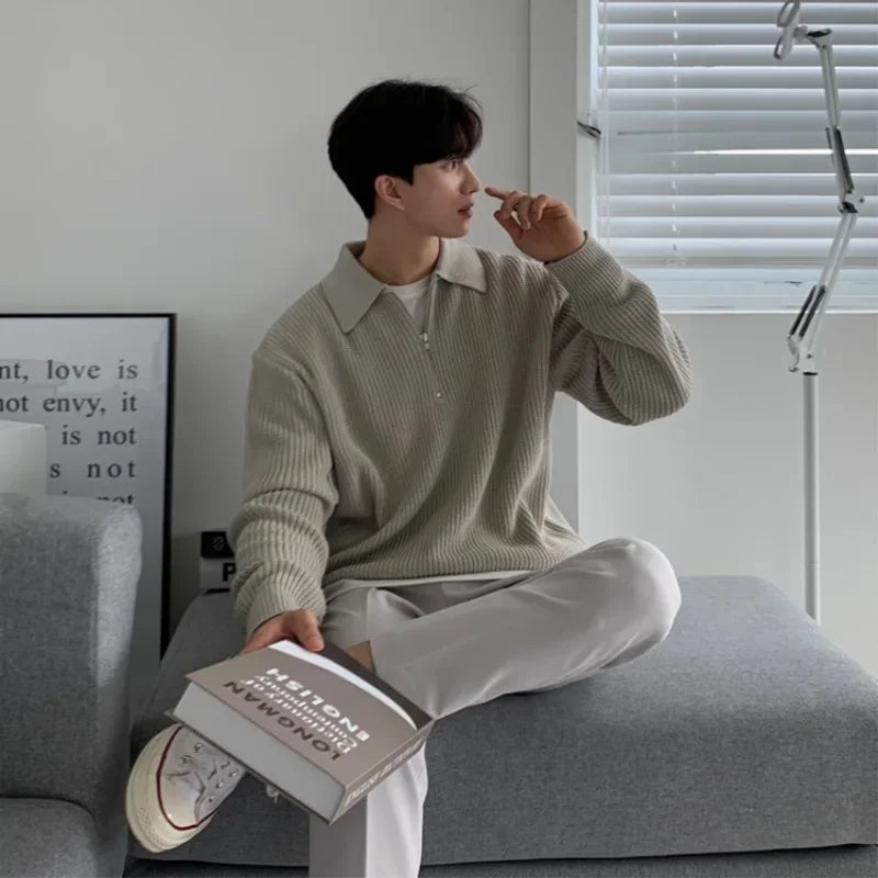 Men’s Half-Zip Lapel Sweater — Japanese Vintage Style, Loose Fit