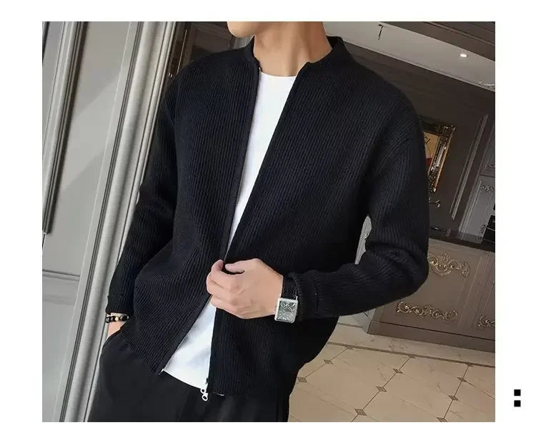 Men’s Autumn/Winter Solid-Color Knit Zip Cardigan — Casual Thick Crew-Neck Sweater (M–3XL)