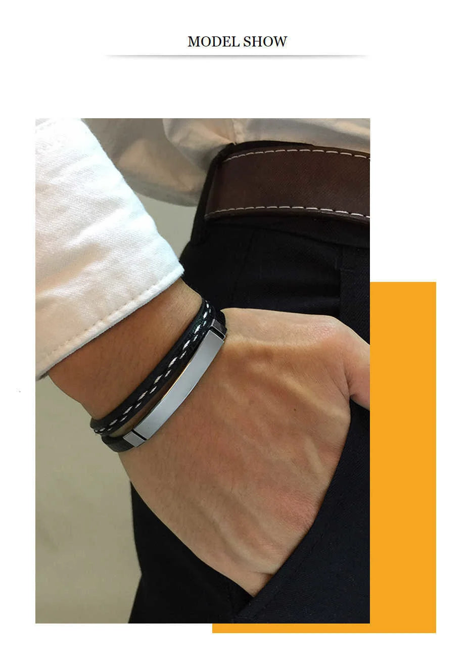 VNOX Genuine Leather Bracelet with Stainless Steel Bar, Layered Design