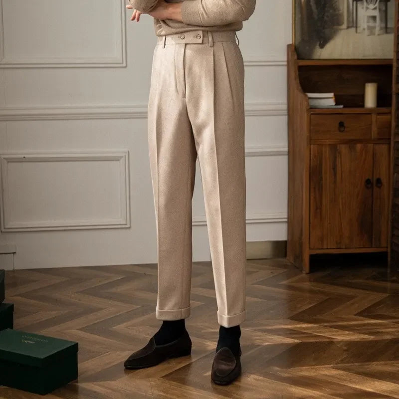 Autumn/Winter High-Waisted Wool Blend Casual Trousers for Men