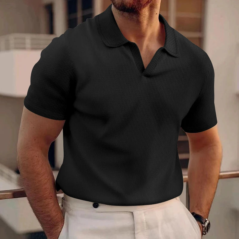 Men’s Short-Sleeve Patchwork Knit Shirt – Turn-Down Collar, Slim Fit, Breathable Business Style