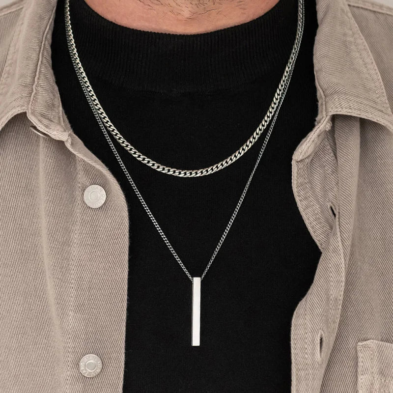 Polished Stainless Steel Vertical Bar Pendant Necklace, Layer-Ready Minimal Style
