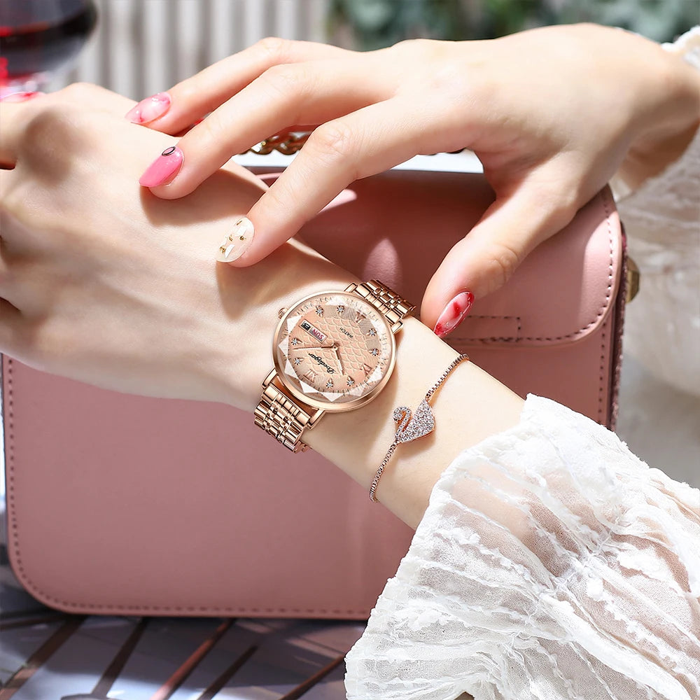 Women's Luxury Stainless Steel Quartz Watch – Rose Gold, Waterproof, Luminous