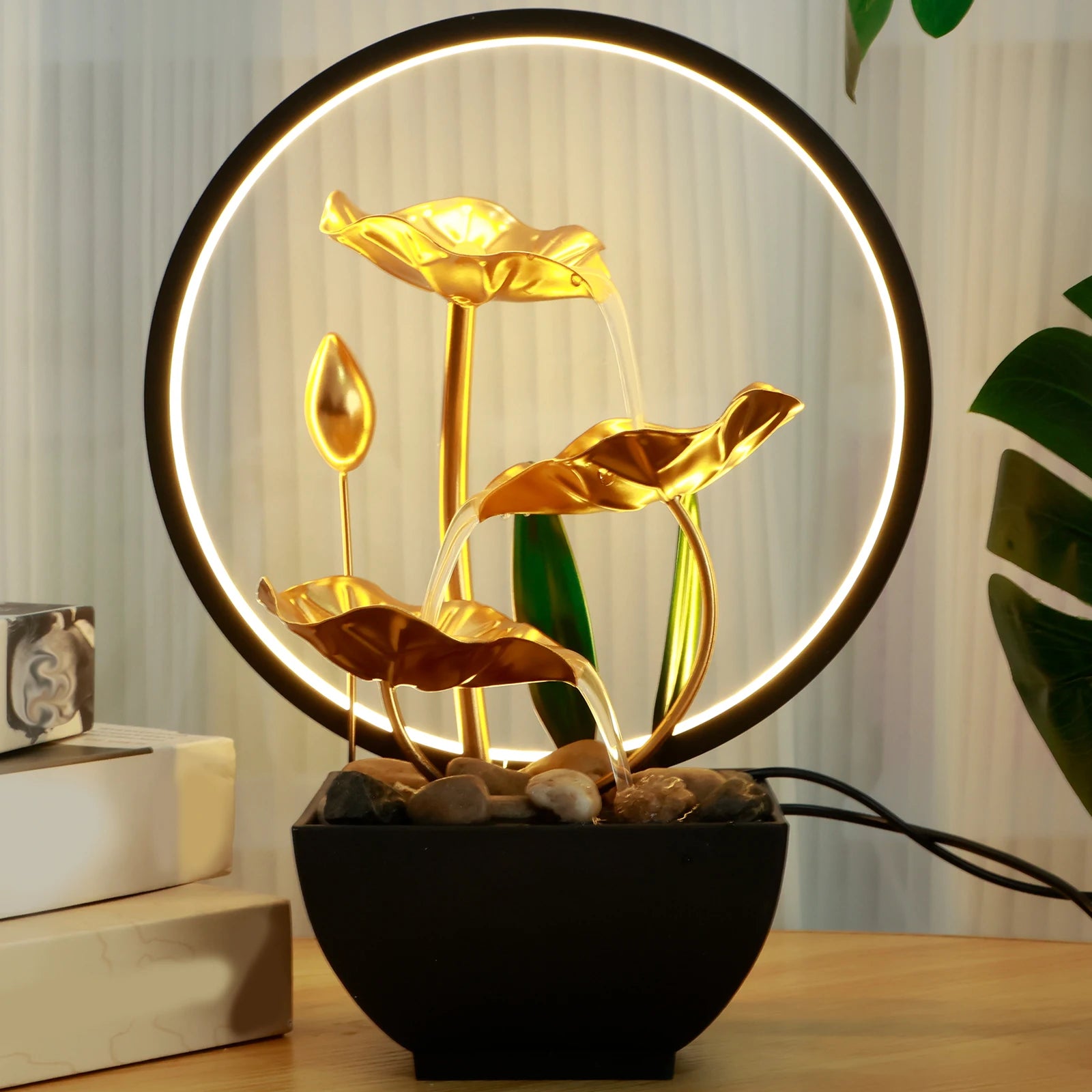 Tabletop Water Fountain – USB Powered with LED Ring Light and Natural Rocks