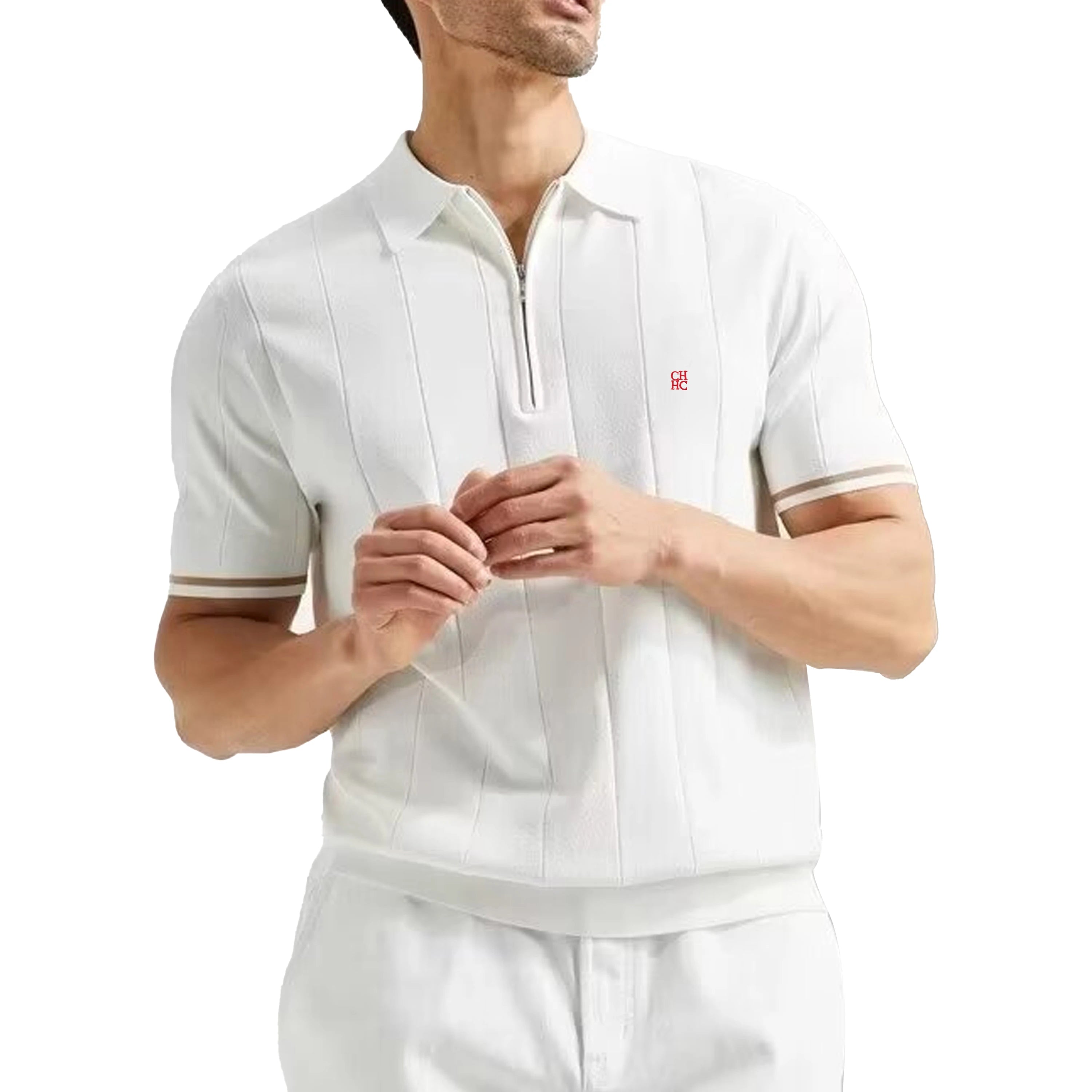 Ribbed Knit Polo Shirt for Men – Breathable Summer Top with Zip Placket