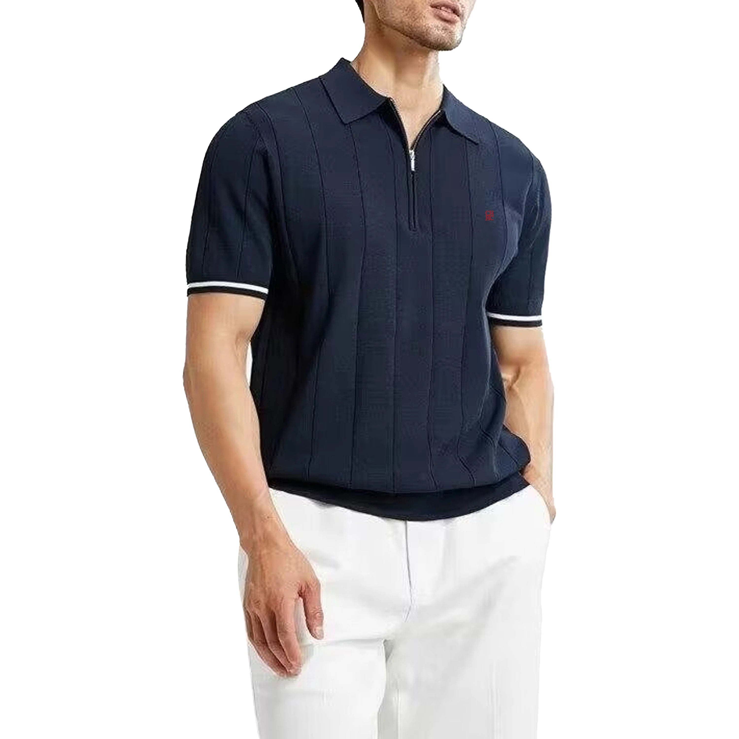 Ribbed Knit Polo Shirt for Men – Breathable Summer Top with Zip Placket