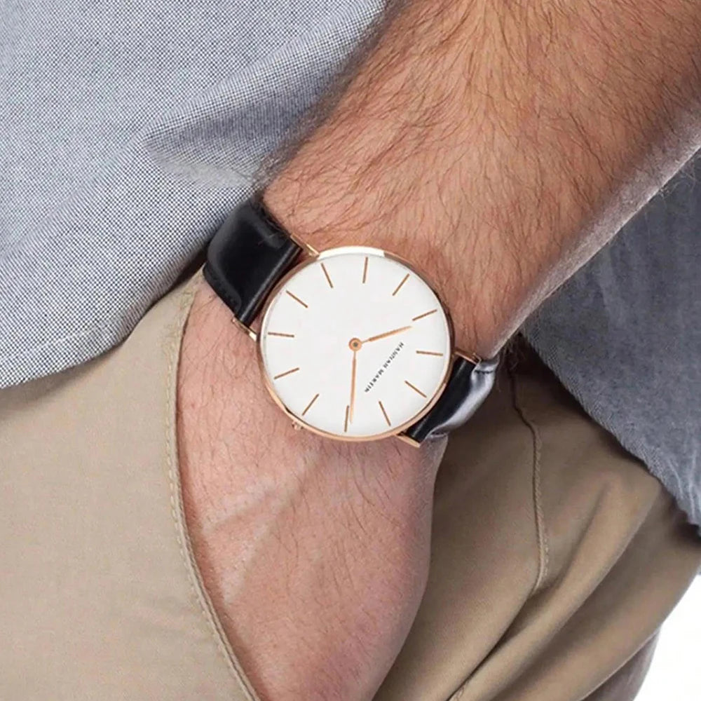 Slim Rose-Gold Dial Leather Quartz Dress Watch