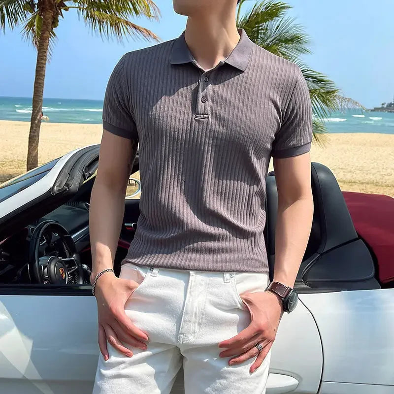 Men’s Ice-Silk Half-Sleeve Polo – Ribbed Knit, Smart-Casual Lapel, Lightweight Summer