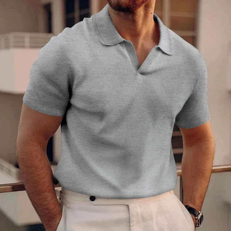 Men’s Short-Sleeve Patchwork Knit Shirt – Turn-Down Collar, Slim Fit, Breathable Business Style