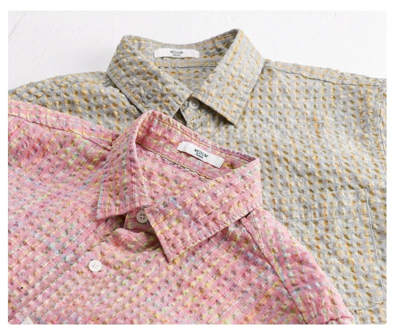 Men’s Bubble-Yarn Checkered Short-Sleeve Shirt – Slim Fit, Full-Button, Turn-Down Collar