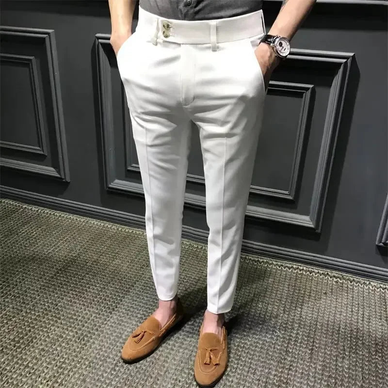 Men’s Slim-Fit 9/10 Cropped Trousers – Korean-Style Casual Summer Pants (White)