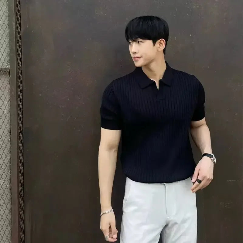 Men’s Ice Silk Ribbed Knit Polo – Short Sleeve V-Neck Half-Zip, Summer Breathable