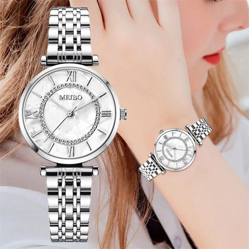 Women's Luxury Quartz Watch – Crystal Accents, Roman Numerals, Steel Bracelet
