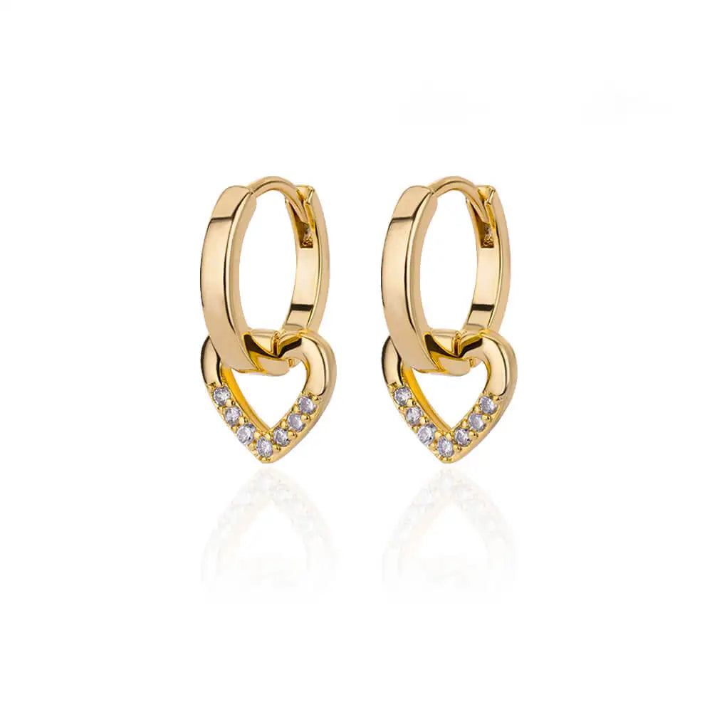 Gold Heart Earrings with Zircon Stones – Stainless Steel Hoop Design