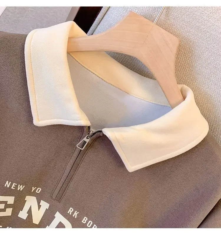 Women’s Polo-Collar Color-Block Zip Sweatshirt – Lightweight, Spring/Autumn