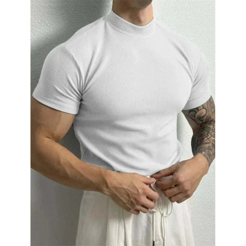 Men’s Quick-Dry Ribbed High-Collar T-Shirt — Breathable Knit, Short Sleeve